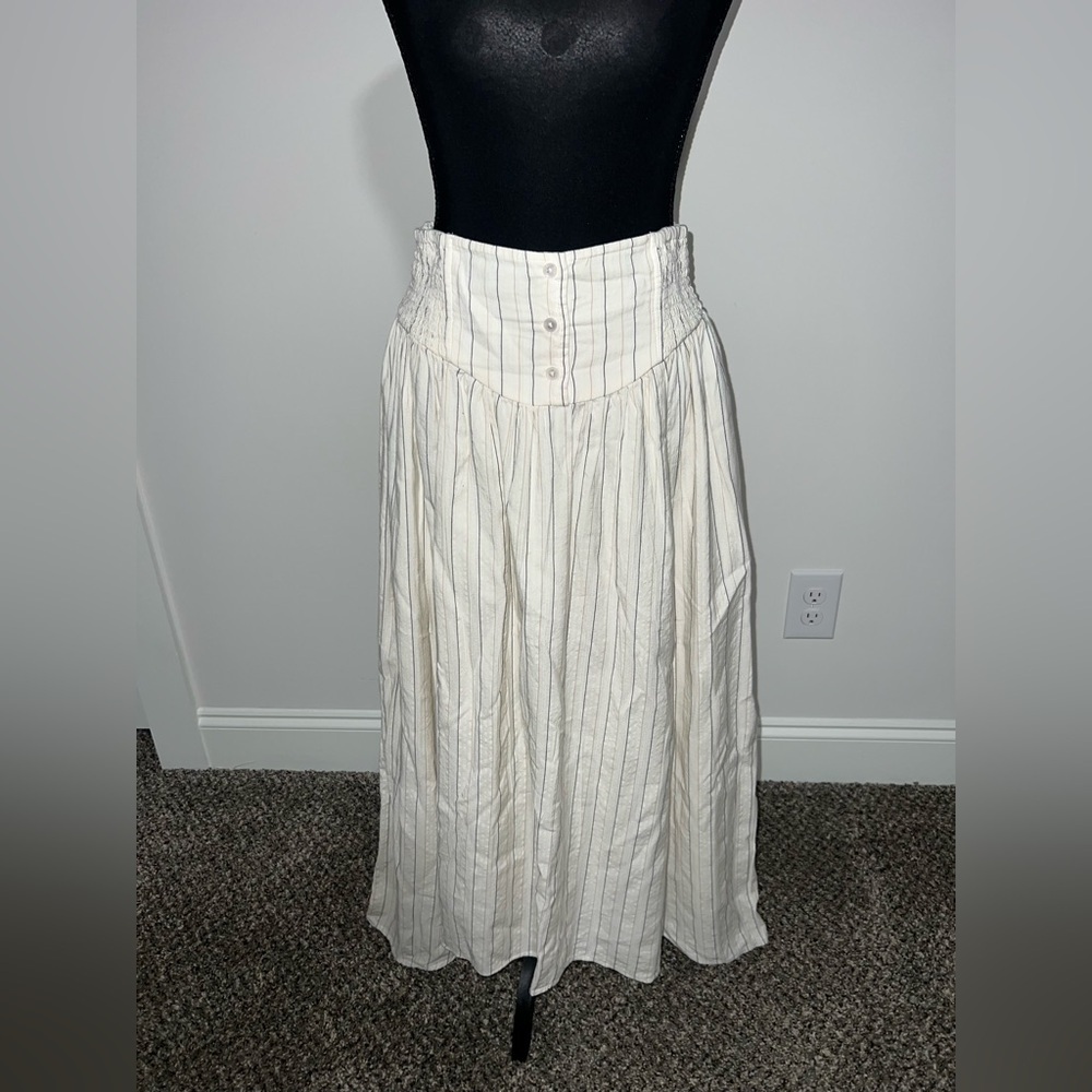 Aerie Cream & Grey Striped Cotton  Maxi Skirt button front detail elastic back M